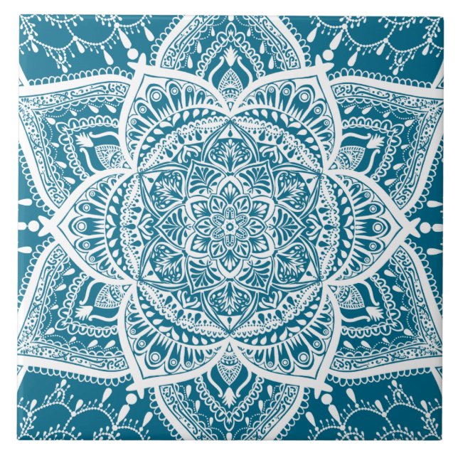 Azulejo De Cerâmica Mandala azul e branca - Loergann in Woad (Frente)