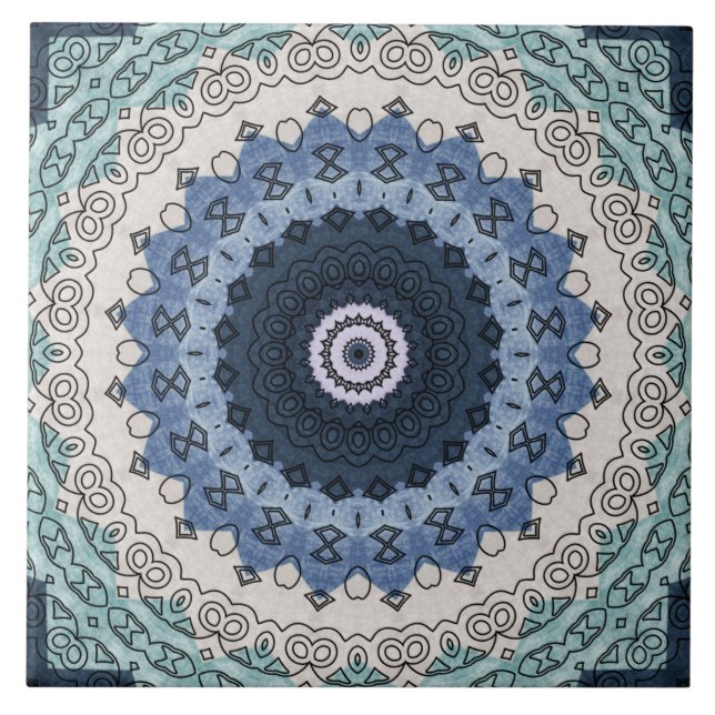 Azulejo De Cerâmica Mandala Azul e Teal com Simetria Geométrica (Frente)