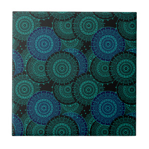 Azulejo De Cerâmica Mandala azul-turquesa, redonda, sobre fundo negro