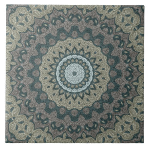 Azulejo De Cerâmica Mandala Bege e Azul-Cinzento com Simetria Tribal