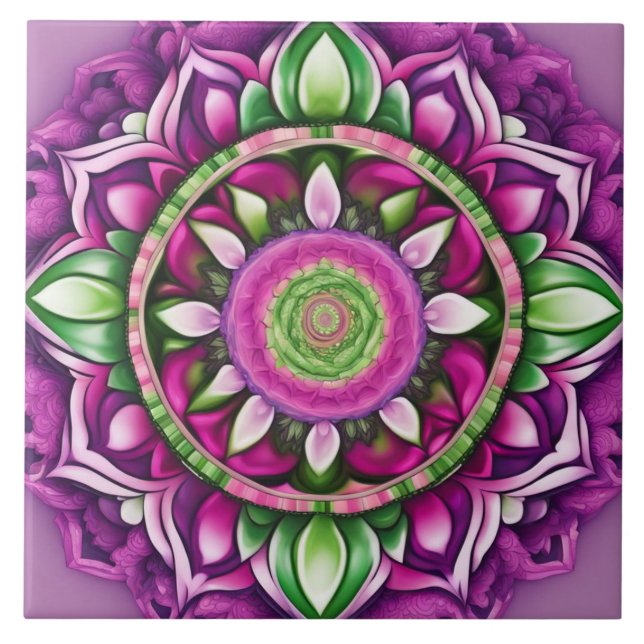 Azulejo De Cerâmica Mandala Bohemian Purple, rosa, verde (Frente)