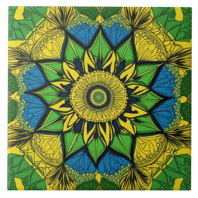 Azulejo De Cerâmica Mandala Bohemian Yellow, Green, Blue (Frente)