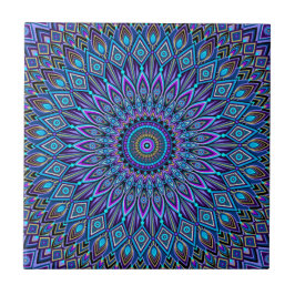Azulejo De Cerâmica Mandala Boho Blue Teal Purple Peacock Oriental