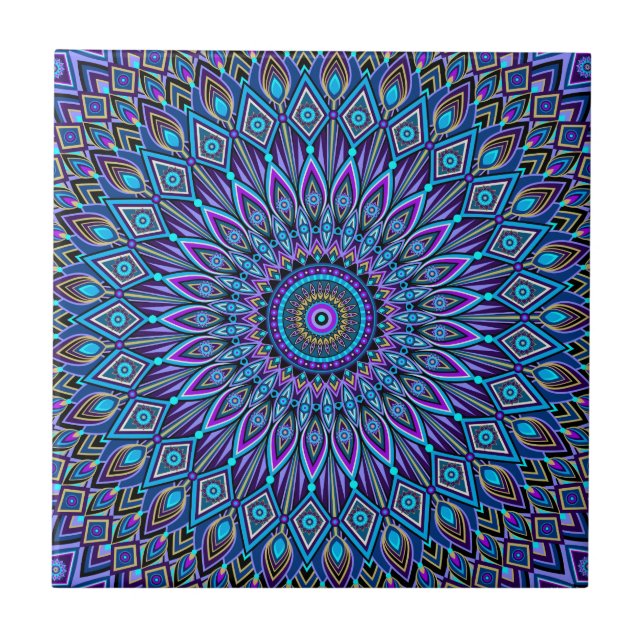 Azulejo De Cerâmica Mandala Boho Blue Teal Purple Peacock Oriental (Frente)