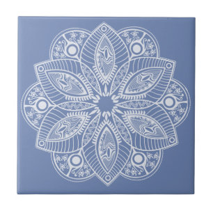 Azulejo De Cerâmica Mandala branca exótica em fundo azul