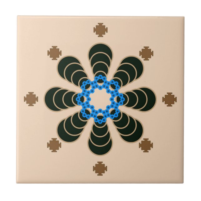 Azulejo De Cerâmica Mandala, Chocolate, Tan, Beige e Azul (Frente)