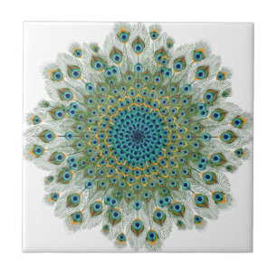 Azulejo De Cerâmica Mandala colorida do pavão masculino