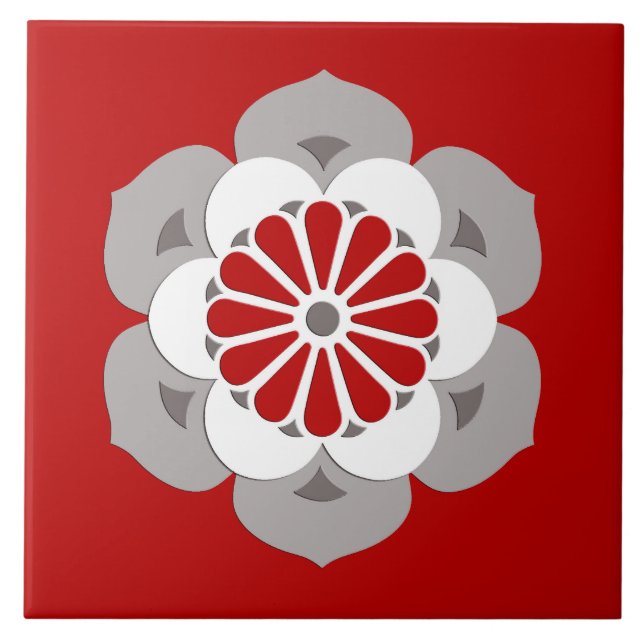 Azulejo De Cerâmica Mandala da flor de Lotus, obscuridade - vermelho, (Frente)
