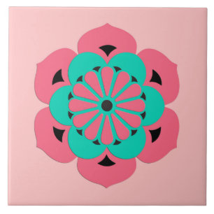 Azulejo De Cerâmica Mandala da flor de Lotus, rosa coral e turquesa