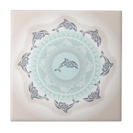 Azulejo De Cerâmica Mandala de Golfinhos Azul Pálido Taupe