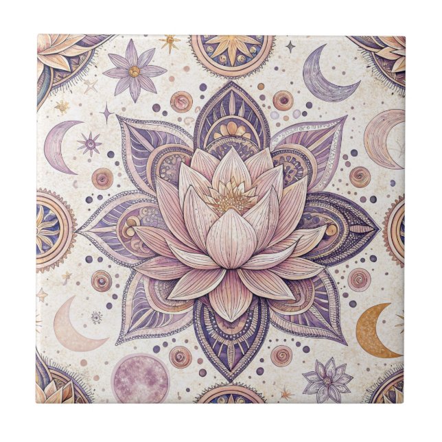 Azulejo De Cerâmica Mandala de Lótus Celestial com Desenho Espiritual (Frente)