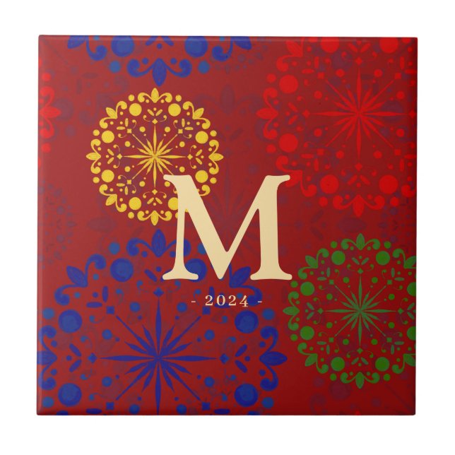 Azulejo De Cerâmica Mandala de neve texturizada simples (Frente)