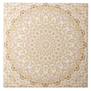Azulejo De Cerâmica Mandalá Decorativo Rosa e Dourado