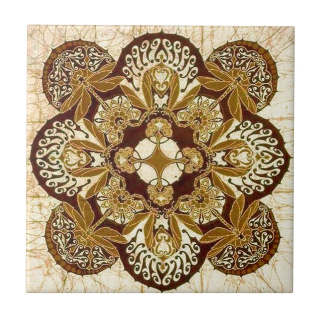 Azulejo De Cerâmica Mandala do Batik em Brown e em Tan (Frente)
