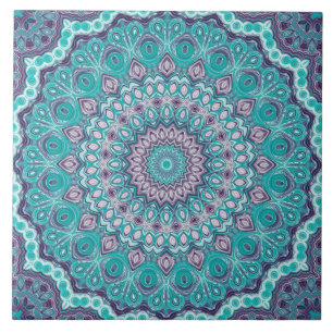Azulejo De Cerâmica Mandala em Aquarela em Azul-turquesa e Roxo