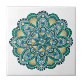 Azulejo De Cerâmica Mandala em blues, verdes e ouro