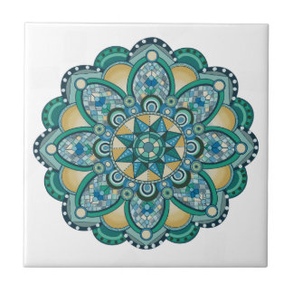 Azulejo De Cerâmica Mandala em blues, verdes e ouro