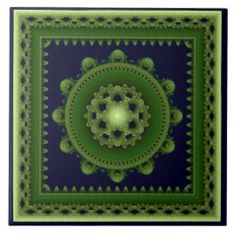 Azulejo De Cerâmica Mandala emoldurada fractal esplêndida verde