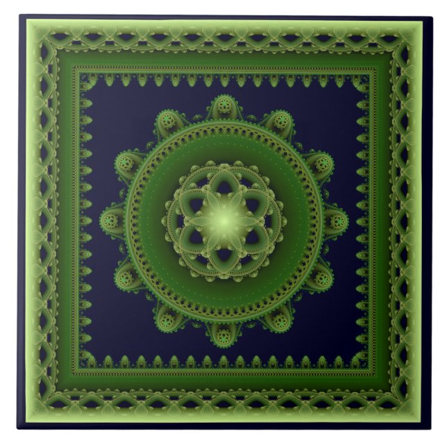 Azulejo De Cerâmica Mandala emoldurada fractal esplêndida verde (Frente)