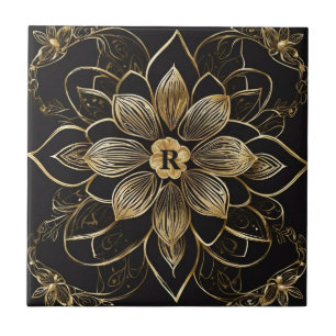Azulejo De Cerâmica Mandala Floral Dourada Preta Monograma Inicial Ele