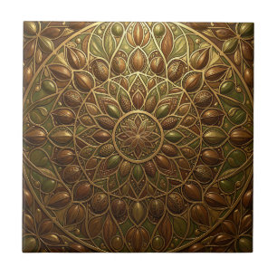 Azulejo De Cerâmica Mandala Floral Embutida Bronze Dourado Ornate 