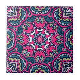 Azulejo De Cerâmica Mandala Floral Rosa, Teal e Verde Vibrante