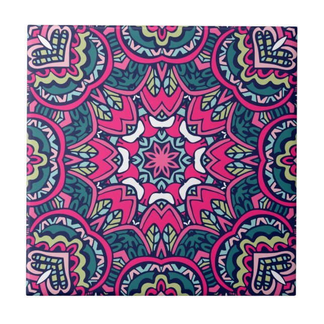 Azulejo De Cerâmica Mandala Floral Rosa, Teal e Verde Vibrante (Frente)