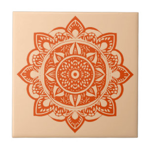 Azulejo De Cerâmica Mandala Flower em laranja mandarim