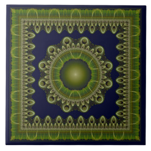 Azulejo De Cerâmica Mandalá fractal brilhante enquadrado