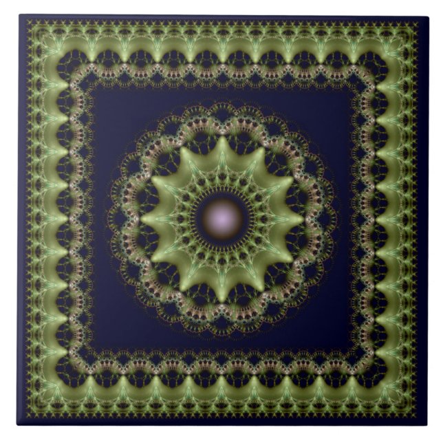 Azulejo De Cerâmica Mandala Fractal verde brilhante emoldurada (Frente)