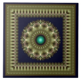 Azulejo De Cerâmica Mandala Fractal verde brilhante emoldurada