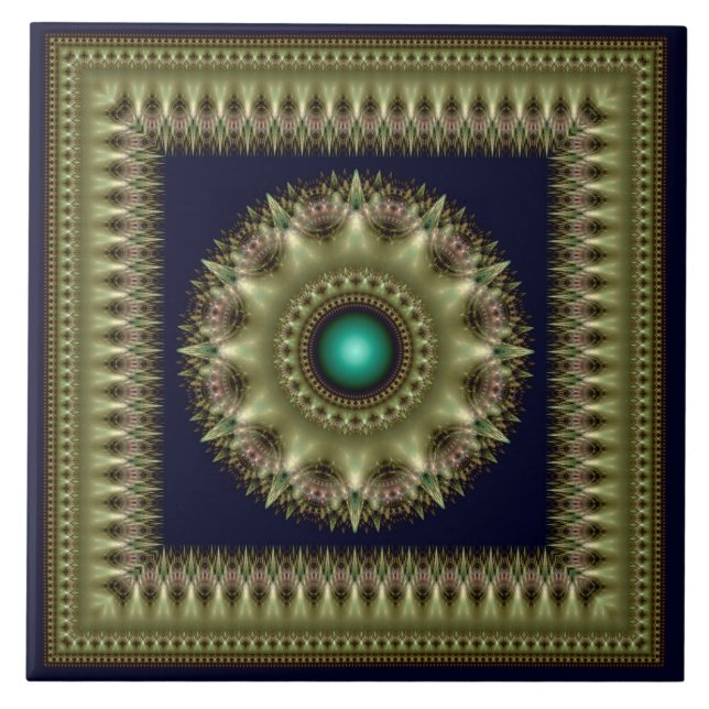 Azulejo De Cerâmica Mandala Fractal verde brilhante emoldurada (Frente)