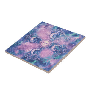 Azulejo De Cerâmica Mandala Galáxia Nebulosa do Sol e da Lua Celeste