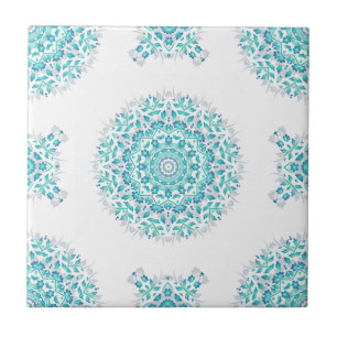 Azulejo De Cerâmica Mandalá Geométrico Floral Branco Turquesa