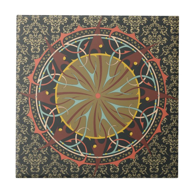 Azulejo De Cerâmica Mandala no damask Boho Bohemian Retro (Frente)