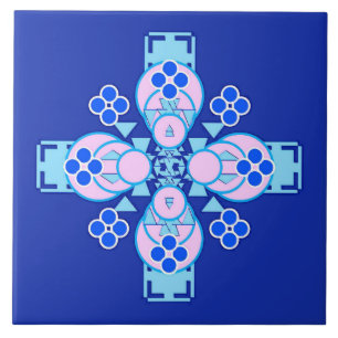 Azulejo De Cerâmica Mandala - orquídea, azul e cobalto