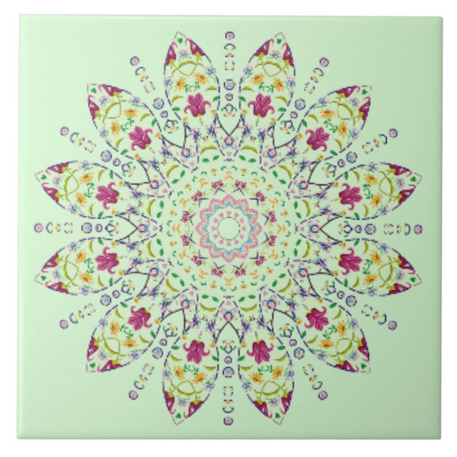 Azulejo De Cerâmica Mandala Roxa Amarela Ornamentada (Frente)