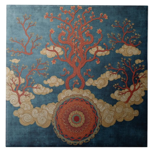 Azulejo De Cerâmica Mandala Sob as Árvores das Nuvens (Frente)