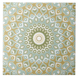 Azulejo De Cerâmica Mandala Terroso em Verde, Dourado e Azul Suave