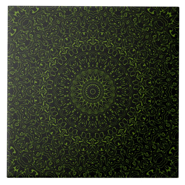 Azulejo De Cerâmica Mandalá Verde de Abacate com Simetria Geométrica (Frente)