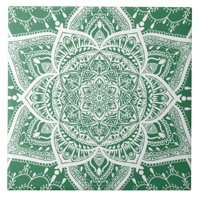 Azulejo De Cerâmica Mandala Verde e Branca - Loergann em Rosemary (Frente)