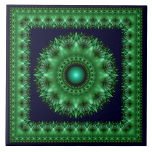 Azulejo De Cerâmica Mandalá verde fractal brilhante emoldurado