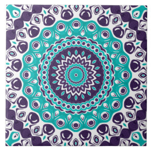 Azulejo De Cerâmica Mandala Vibrante em Turquesa e Ameixa