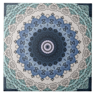Azulejo De Cerâmica Mandalas Azul e Turquesa com Simetria Geométrica