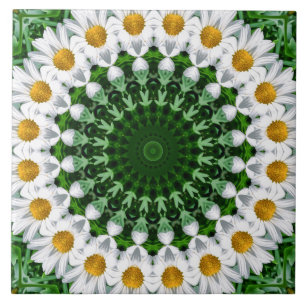 Azulejo De Cerâmica Mandalas de Margarida Branca com Simetria Verde Fr