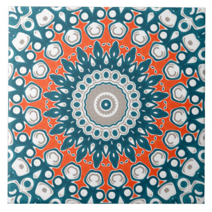 Azulejo De Cerâmica Mandalas Decorativos Azul-verde e Laranja