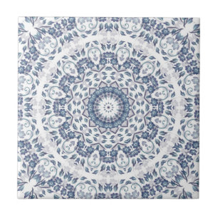 Azulejo De Cerâmica Mandalas Florais em Azul Empoeirado