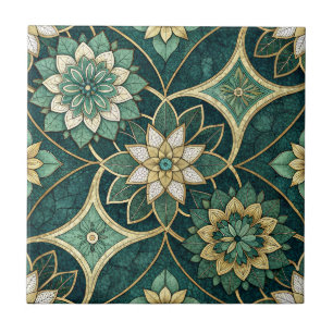 Azulejo De Cerâmica Mandalas Florais Esmeralda e Dourado - Ornamental