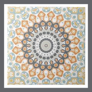 Azulejo De Cerâmica Mandalas Geométricas em Laranja, Cinza e Azul