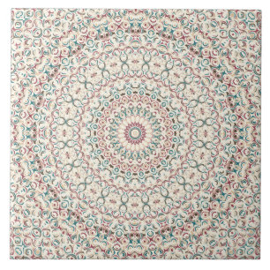 Azulejo De Cerâmica Mandalas Geométricas Intrincadas em Verde-Azul, Ro